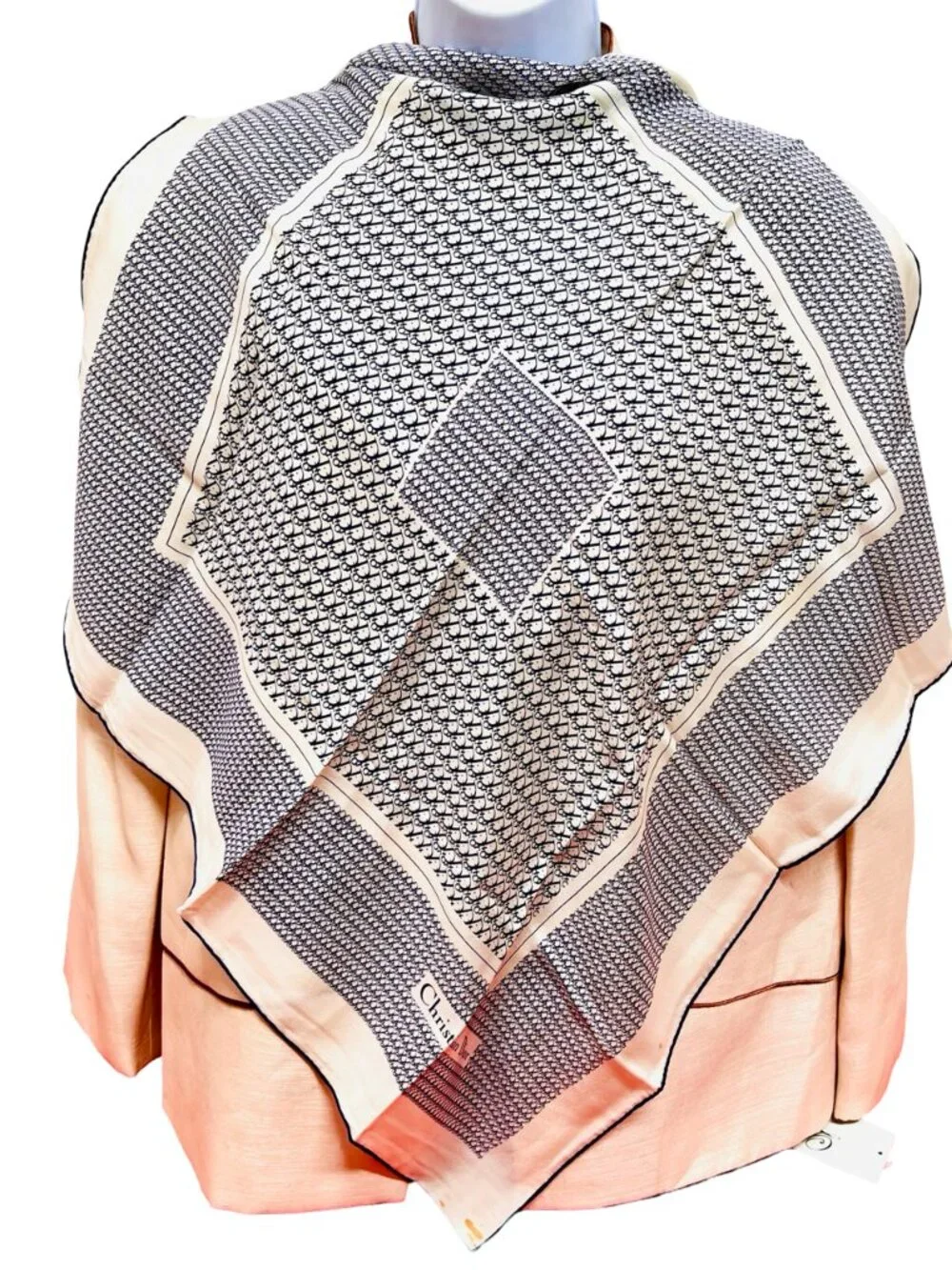 Christian Dior 100% Sil kSatin  Scarf 26" Ivery Blue Logo Printed All Over (14 - Picture 6 of 15